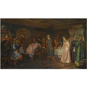 The Kissing Rite; Boyar Morozov Reveals His Wife Elena's Secret Love For Prince Serebryany by Feodor Feodorovich Bukholts
