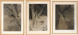 Three Wildlife Illustrations Depicting A Crane, A Prowling Tiger Or A Fox by Charles Livingston Bull