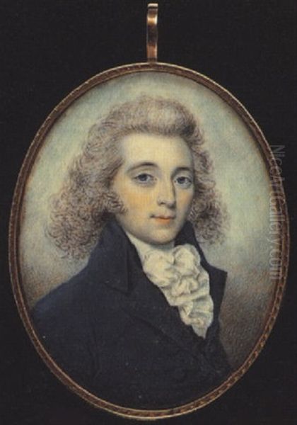 A Gentleman Wearing Blue Coat, Dark Blue Waistcoat And White Frilled Cravat, His Hair Curled And Powdered - view 1