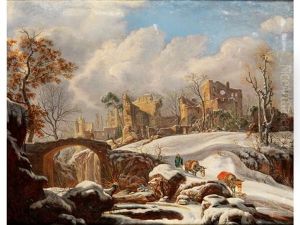 Winterlandschaft Mit Burgruine Auf Einer Anhohe Uber Einem Vereisten Fluss Mit Bogenbrucke (or Painted By Johann Balthasar Ii Bullinger)