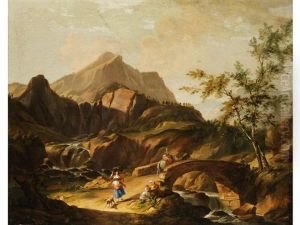 Schweizer Gebirgslandschaft Mit Steinbrucke Uber Einen Wasserfall Und Figurenstaffage by Johann Balthasar Bullinger the Elder