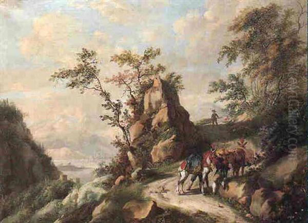 Bandits Resting Their Horses On A Rocky Country Path, A Mediterranean Harbor And Mountains Beyond - view 1
