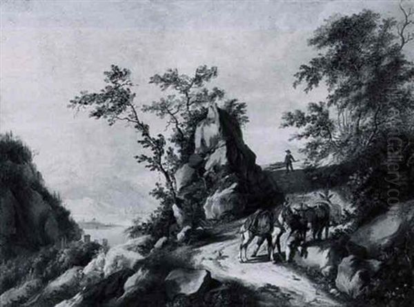 A Mountainous Landscape With Muleteers On A Path Overlooking A Lake - view 1