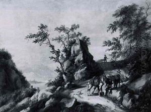 A Mountainous Landscape With Muleteers On A Path Overlooking A Lake by Johann Balthasar Bullinger the Elder