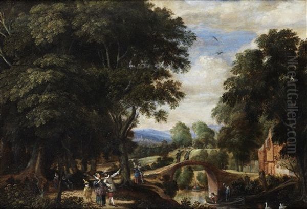 Elegant Figures Conversing In A River Landscape, With A Bridge In The Distance - view 1