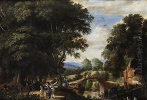 Elegant Figures Conversing In A River Landscape, With A Bridge In The Distance by Willem Van Den Bundel