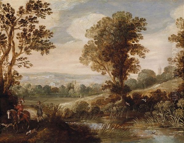 Landschaft Mit Einem Falkenjager, Einem Jagdknecht Und Zwei Hunden - view 1