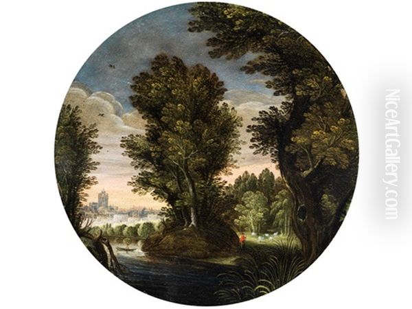 Baumlandschaft Mit Flusslauf, Einem Hirten Mit Schafherde Auf Der Waldlichtung Sowie Einem Mann Im Kahn - view 1