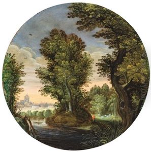 Bewaldete Landschaft Mit Einem Hirten Und Stadt Im Hintergrund by Willem Van Den Bundel