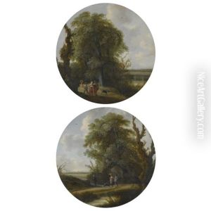 Landscape With Elegant Figures Walking Along On A Country Path (+ Landscape With Figures Passing A Pond And Resting Traveller; Pair)