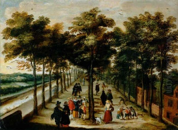 Blick In Eine Allee Entlang Einem Kanal In Holland Mit Vielen Eleganten Figuren Und Bauern - view 1