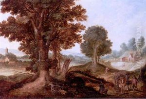 A Wooded Landscape With A Cart And Travellers On A Path In The Foreground, A Cottage, A Village And Mountains Beyond by Willem Van Den Bundel