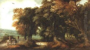 A Wooded Landscape With Travellers On A Country Path, An Extensive Landscape Beyond by Willem Van Den Bundel