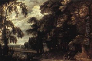 Wooded River Landscape With A Hunting Party by Willem Van Den Bundel