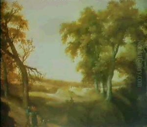A Wooded Landscape With Figures On A Path
