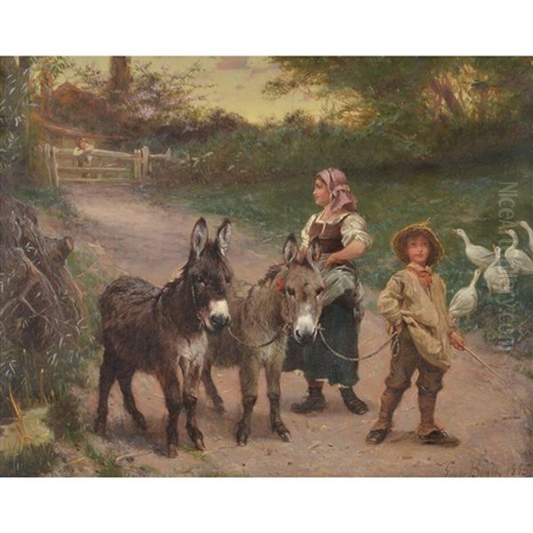 Peasant Children With Donkeys And Geese - view 1