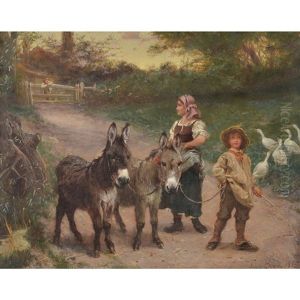 Peasant Children With Donkeys And Geese by Edgar Bundy