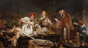 Figures Preparing For An Extravagant Feast, With Game, Including Swan, Upon The Table by Edgar Bundy