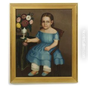 Portrait Of Young Girl With Vase Of Zinnia Blooms, Wearing Blue Dress, And Shoes