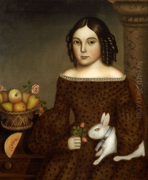 Portrait Of Young Girl With Ringlets Holding A White Rabbit - view 1