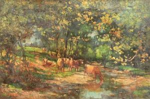 Cows Watering A Lush Green Forest Landscape by John Elwood Bundy