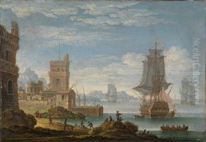 Eine Mediterrane Kustenlandschaft Mit Vor Anker Liegenden Kriegsschiffen by Jan van Bunnick