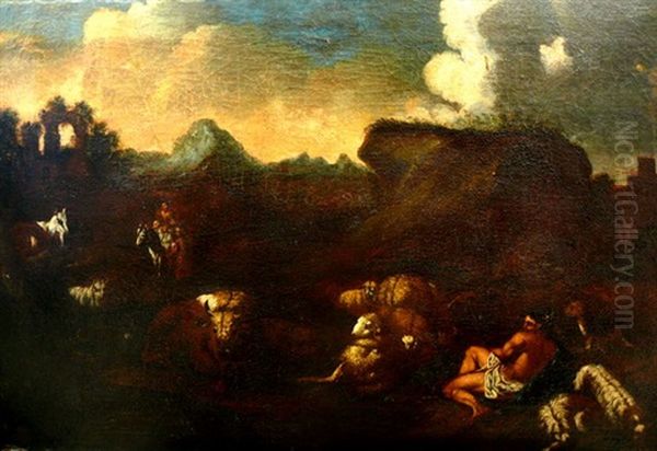 Pastorale Barocklandschaft. Stimmungsvolle Abendszenerie Mit Hirten Auf Pferd U. Mit Lendentuch Bekleidetem Hirten Auf Lager Liegend Mit Schafen - view 1