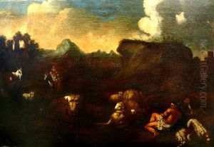 Pastorale Barocklandschaft. Stimmungsvolle Abendszenerie Mit Hirten Auf Pferd U. Mit Lendentuch Bekleidetem Hirten Auf Lager Liegend Mit Schafen by Jan van Bunnick