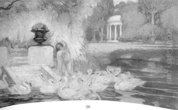 A Naked Woman Bathing With Swans, A Classical Temple Beyond - view 1