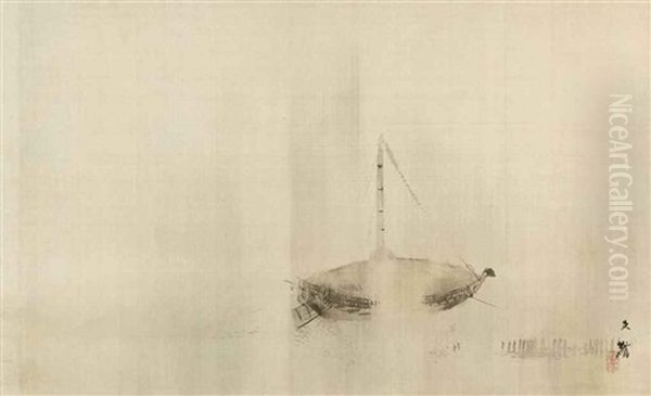Hanging Scroll, Ink On Silk, Of A Boat In Rain - view 1