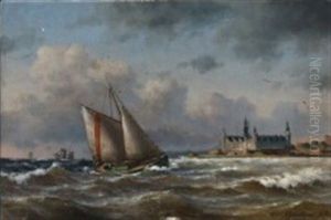 Ships At Sea At Oresund With A View Of Kronborg by Carl Buntzen