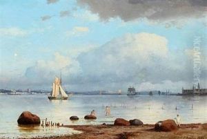 Seascape With Bathers And Sailing Boats, In The Background Kronborg Castle