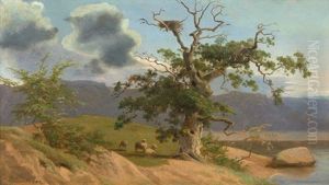 Landschaft Mit Drei Schafen Unter Einer Knorrigen Eiche An Einem See