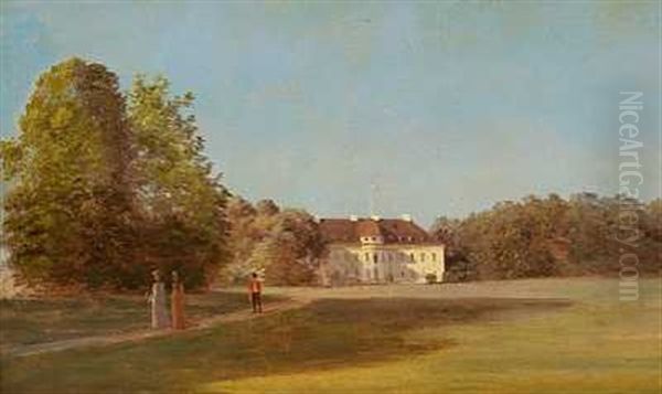 Parti Fra Bernstorffsparken Med To Spadserende Damer Og En Livrist, I Baggrunden Bernstorff Slot - view 1