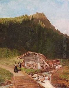 En Passiar Pa En Bjergvej Ved Et Brusende Vandfald by Heinrich Buntzen