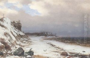 Romantisk Kystlandskab Med Krager Pa Strandbedden, Vinter
