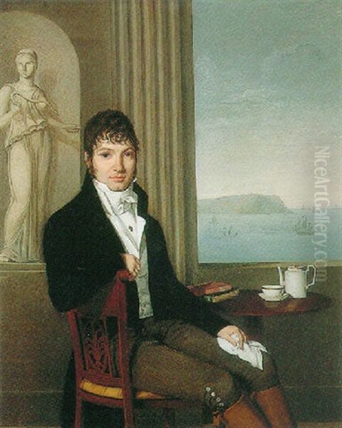 Portrait Of A Gentleman Seated At A Table With A Costal Landscape Beyond - view 1