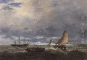 Fischerboote Und Segelschiff Vor Dem Sturm An Der Belgischen Kuste by Louis de Burbure