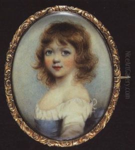 A Young Child With Blue Eyes And Wavy Hair, Wearing Low-cut White Dress With Blue Ribbon Waistband Tied At The Back With A Bow