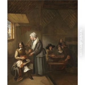 A Tavern Interior With A Soldier Seated Near A Window With A Serving Woman, Figures Playing Cards Behind by Hendrick Van Der Burch