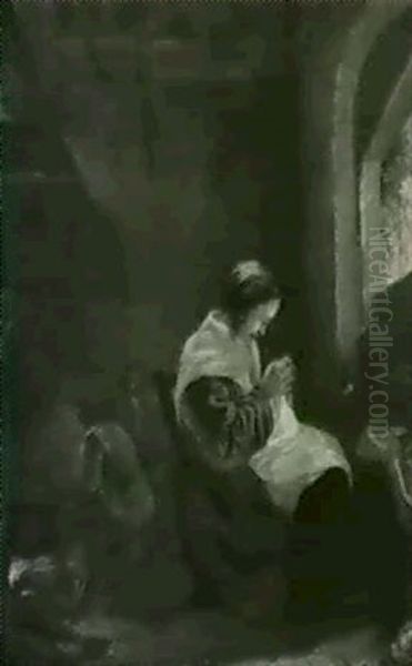 A Young Girl Sewing In An Interior With Seated Figures By A Fire - view 1
