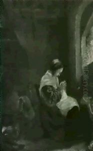 A Young Girl Sewing In An Interior With Seated Figures By A Fire by Hendrick Van Der Burch