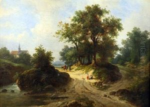 Villageois Dans Un Chemin De Sous-bois by Jacques-Hippolyte van der Burch