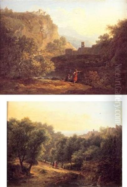 Paysanne Et Berger Sur Un Chemin Dans La Campagne Italienne (+ Promeneurs Dans Un Paysage De La Campagne Italienne Traverse Par Un Torrent; Pair) - view 1