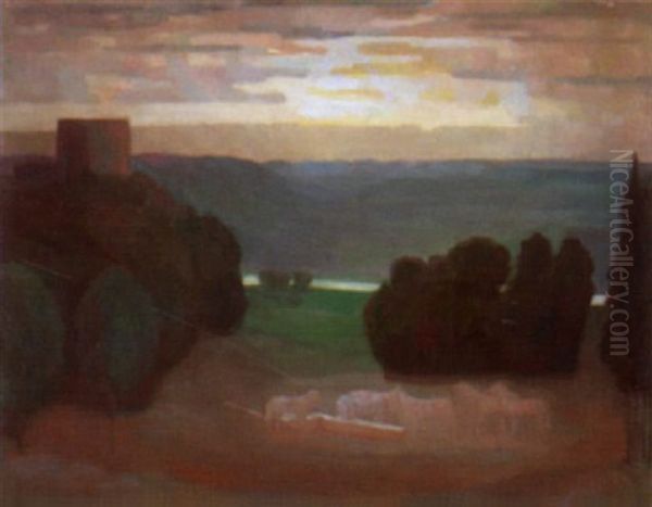 Pferde An Der Tranke In Abendlandschaft - view 1