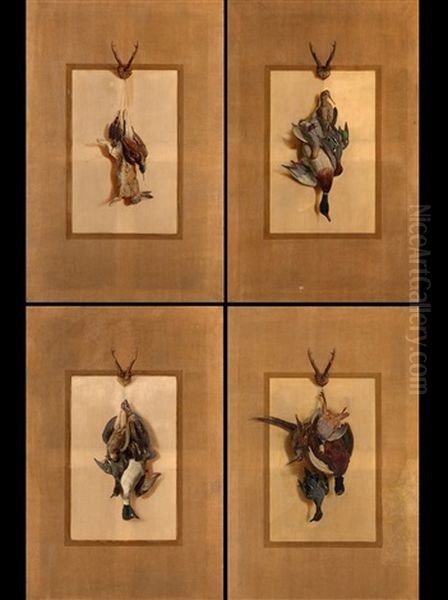 A Hare And Two Snipes Hanging On A Wall; A Goldeneye, A Teal, A Snipe And A Partridge Hanging On A Wall; A Mallard, A Teal, A Snipe And A Partridge Hanging On A Wall; A Pheasant, A Teal, A Partridge And A Snipe Hanging On A Wall - view 1