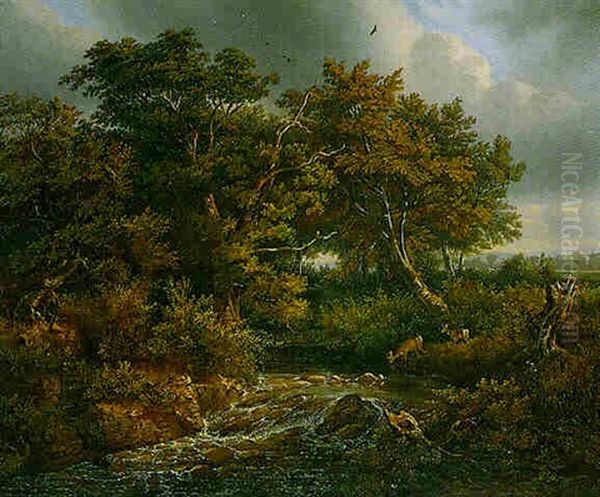 Waldlandschaft Mit Bach Und Rehen - view 1