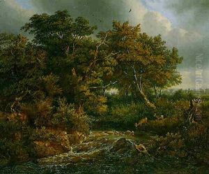 Waldlandschaft Mit Bach Und Rehen by Ludwig August Burckhardt