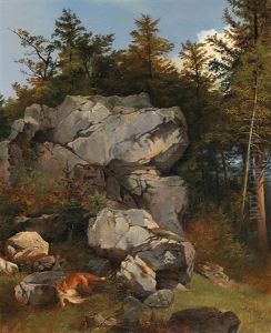 Fox With Its Prey In A Rocky Landscape by Carl Borromaeus Burde