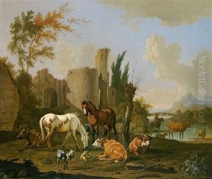 Prachtvolle Ruinenlandschaft Mit Pferden, Kuhen, Schafen Und Ziegen by Dirk van der Burg
